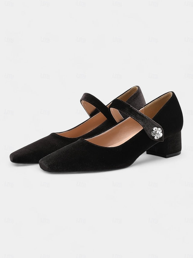 Jane Block Velvet Mary Green Square Women's - Toe Pumps