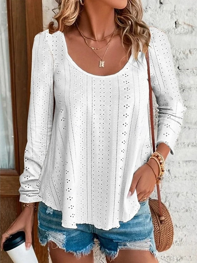 Women's Blouse Eyelet top Long Sleeve Tops Hollow Out Plain