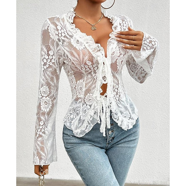 Women's Lace Solid Color Plain Stylish Long Sleeve Causal