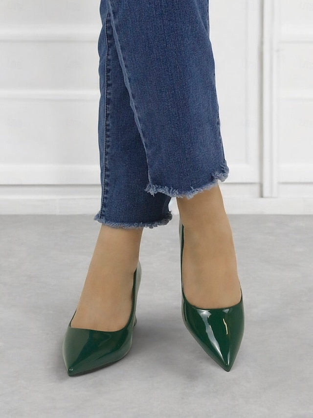 Pointed-Toe Heel Block Leather Patent Pumps Green Faux Glossy