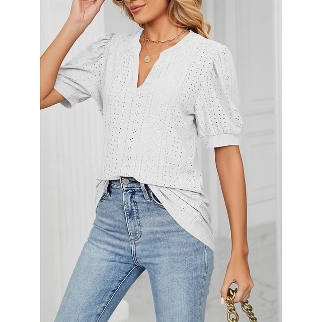 Women's T Shirt Eyelet Plain Fashion Modern Casual Short