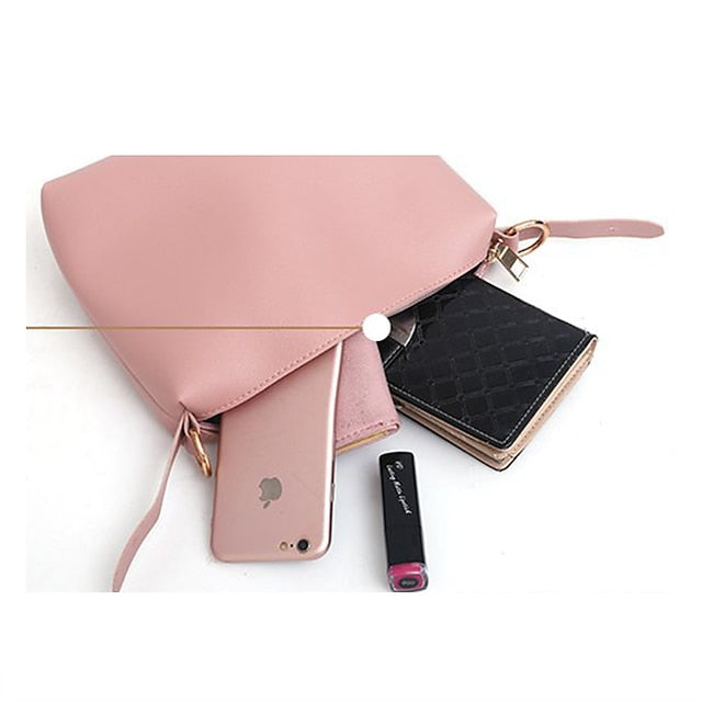 3-Piece Faux Pink Set - Handbag Women's Tote Leather