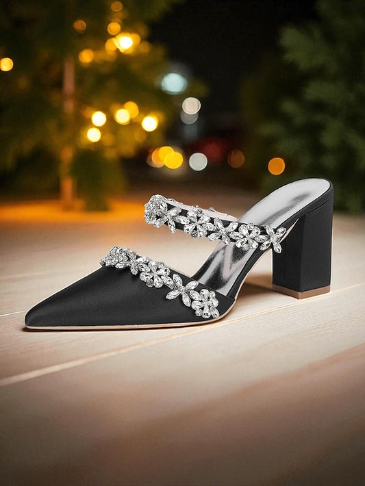 Women's Mules Rhinestone Floral Heel Black Block Satin with
