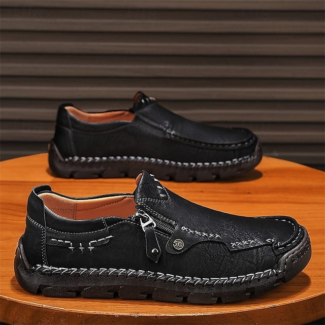 Leather with Side Faux Brown Slip-On Loafers Men's Zipper