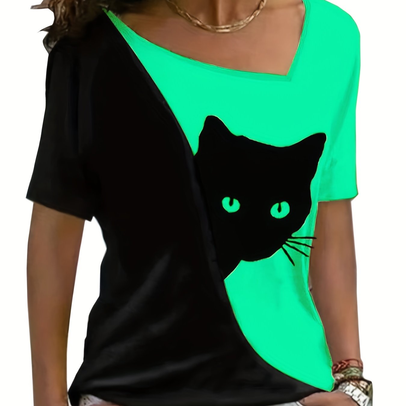 Cat Print Color Block T-Shirt, Asymmetrical Neck Short Sleeve T-Shirt, Casual Every Day Tops, Women' RA1011