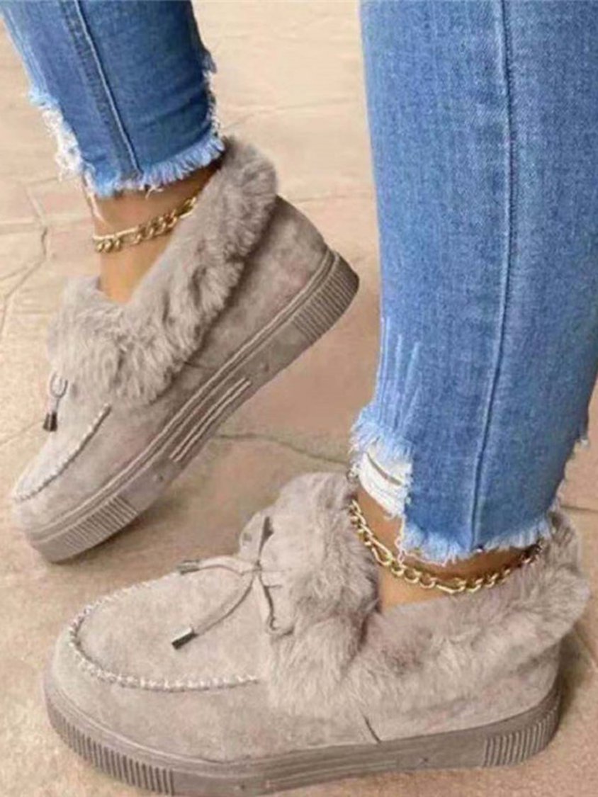 Casual Plain Spring Non-Slip Daily Snow Boots Leather Flat Heel Faux Fur Flats for Women QAS26