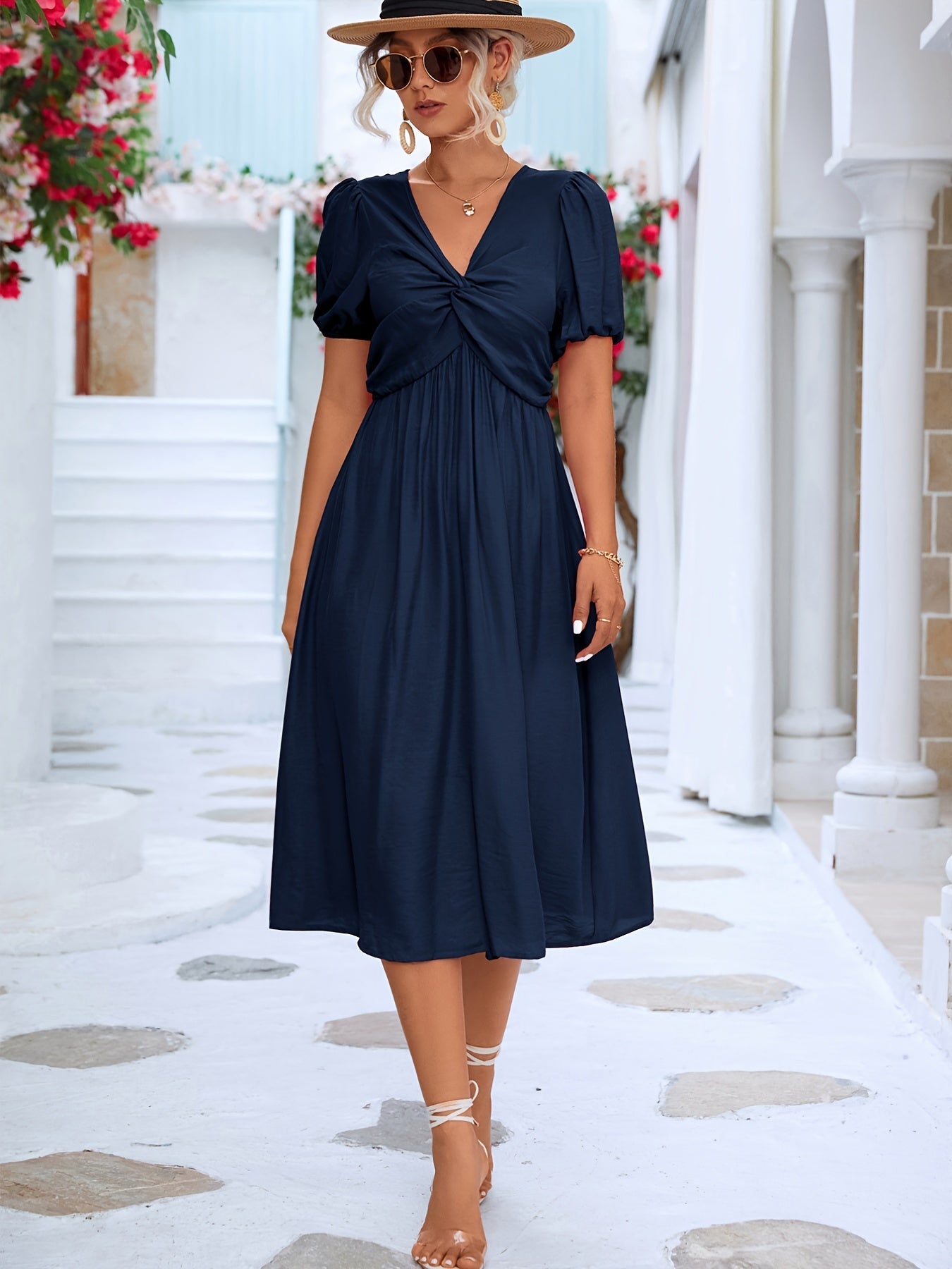 Solid Twisted Dress, V Neck Short Sleeve Dress, Casual Every Day Dress, Women's Clothing AE108