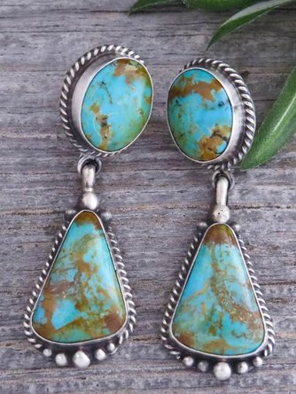 Ethnic Turquoise Geometric Drop Earrings Vintage Jewelry G150