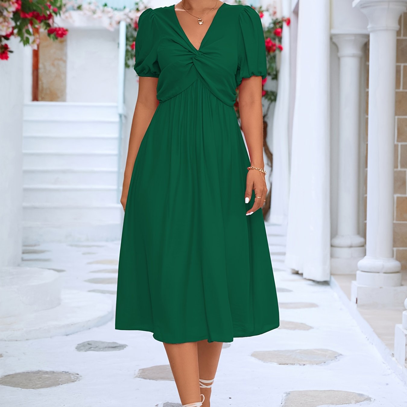 Solid Twisted Dress, V Neck Short Sleeve Dress, Casual Every Day Dress, Women's Clothing AE108