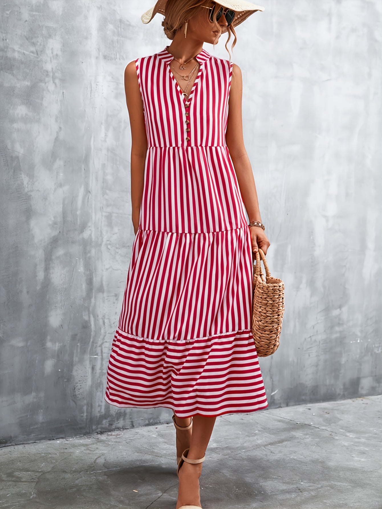 Women's Dresses V-neck Striped Button Elegant Dress AE1014