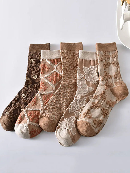 5 Pairs Artsy Flower Rhomboids Jacquard Cotton Socks Ada Fashion