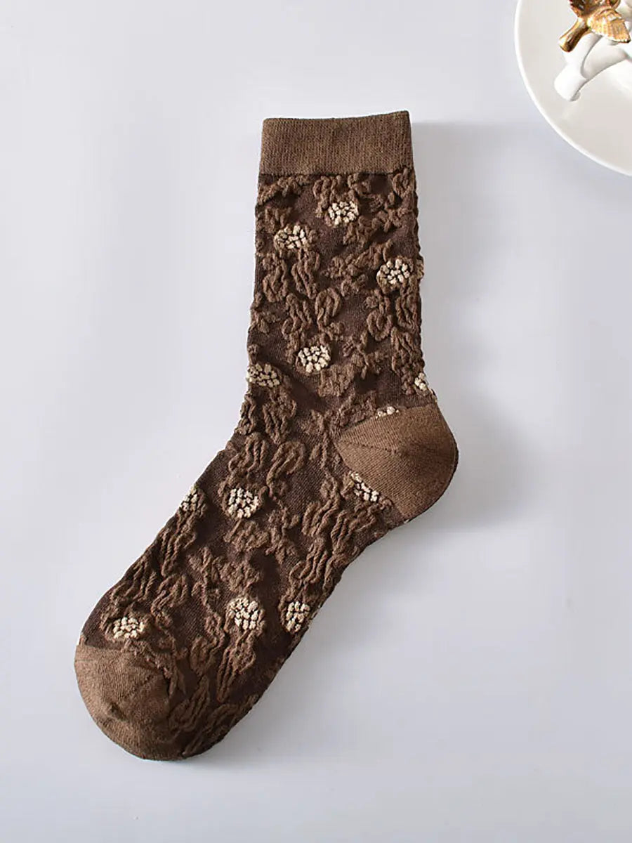 5 Pairs Artsy Flower Rhomboids Jacquard Cotton Socks Ada Fashion