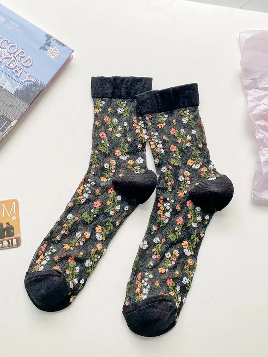 5 Pairs Women Artsy Spring Floral Jacquard Socks Ada Fashion