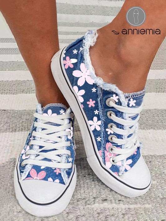 Chaussures à lacets en toile avec décoration à franges et fleurs de cerisier DD50