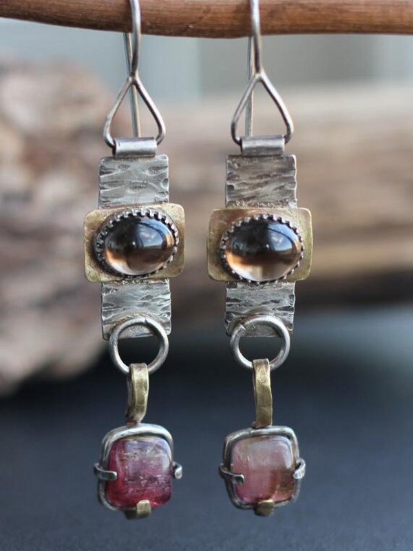 Ethnic Natural Crystal Geometric Pattern Distressed Dangle Earrings Vintage Jewelry AD951