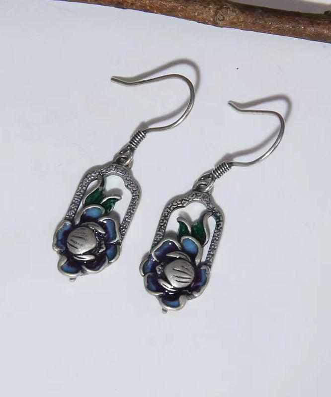 Art Blue Lotus Patchwork Silver Drop Earrings LY9178 Ada Fashion