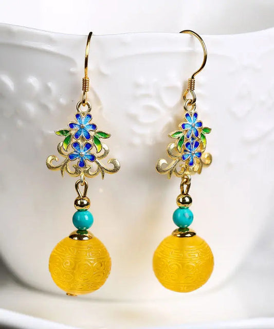 Art Yellow Sterling Silver Inlaid Amber Turquoise Floral Drop Earrings Ada Fashion