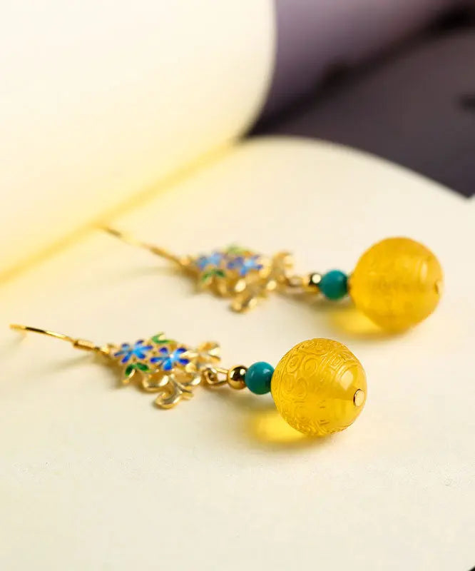 Art Yellow Sterling Silver Inlaid Amber Turquoise Floral Drop Earrings Ada Fashion