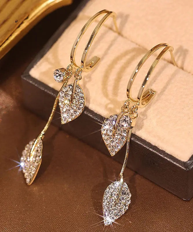 Beautiful Gold Sterling Silver Zircon Leaf Drop Earrings Ada Fashion