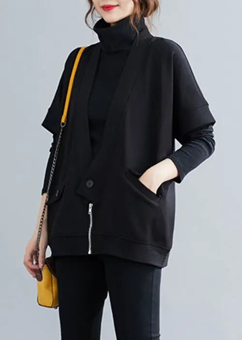 Black Pockets Patchwork Cotton Waistcoat V Neck Half Sleeve Ada Fashion