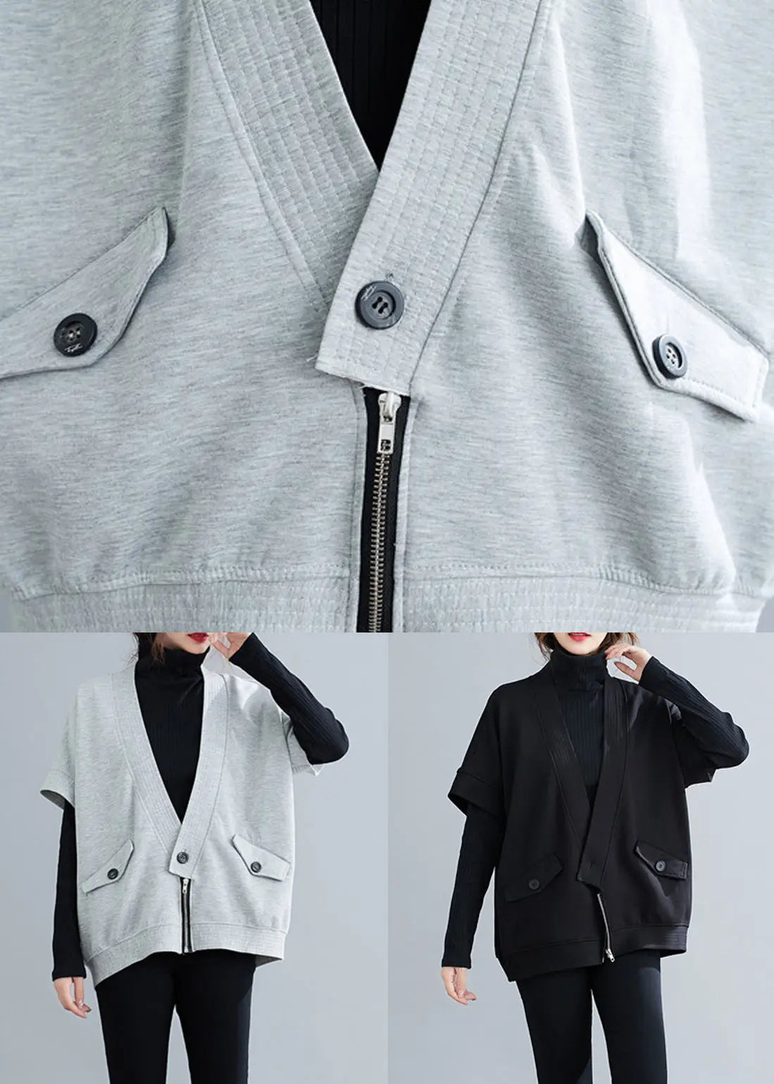 Black Pockets Patchwork Cotton Waistcoat V Neck Half Sleeve Ada Fashion