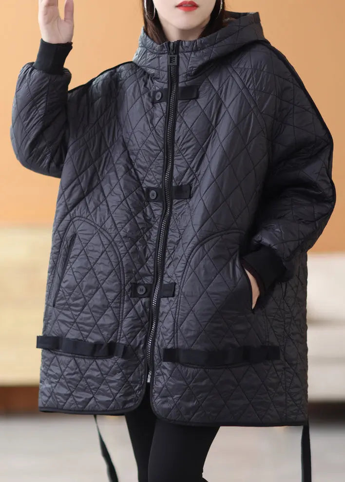 Black Solid Patchwork Thick Parka Zip Up Long Sleeve Ada Fashion