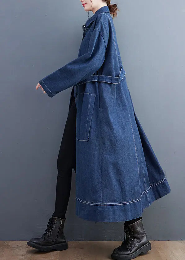 Blue Patchwork Denim Long Trench Coat Peter Pan Collar Long Sleeve Ada Fashion