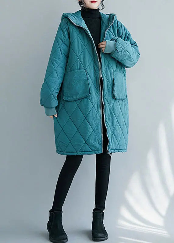 Blue Zippered Pockets Thick Hooded Parka Winter Ada Fashion