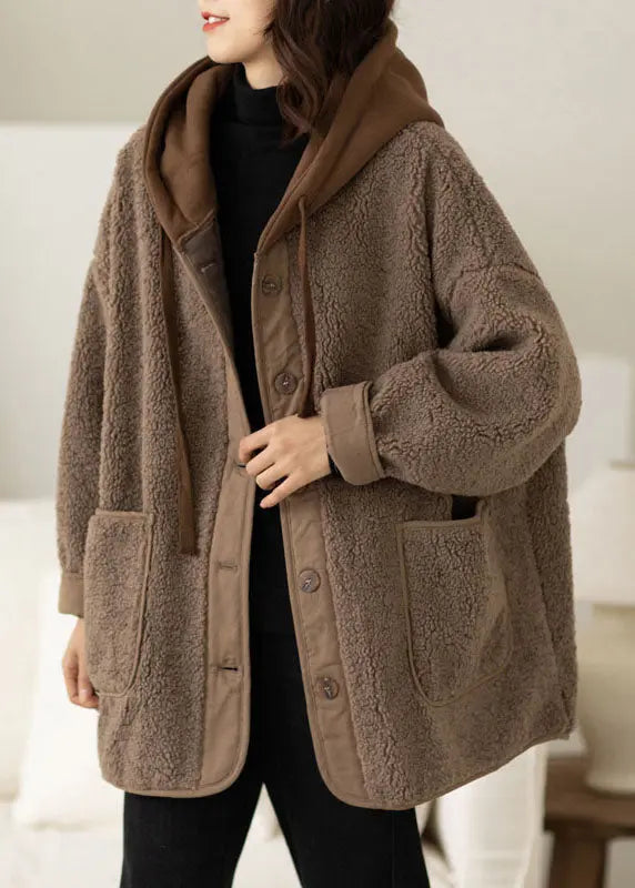 Boho Coffee Patchwork Button Thick Faux Fur Hooded Coats Winter Ada Fashion