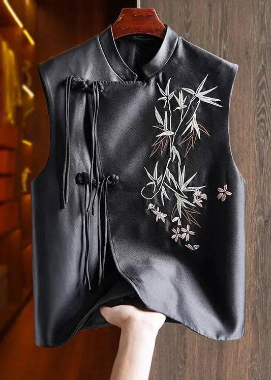 Boutique Black Chinese Button Embroidered Leather Shirt Waistcoat Sleeveless Ada Fashion