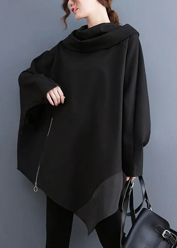 Casual Black Turtle Neck Asymmetrical Patchwork Sweatshirts Fall Ada Fashion