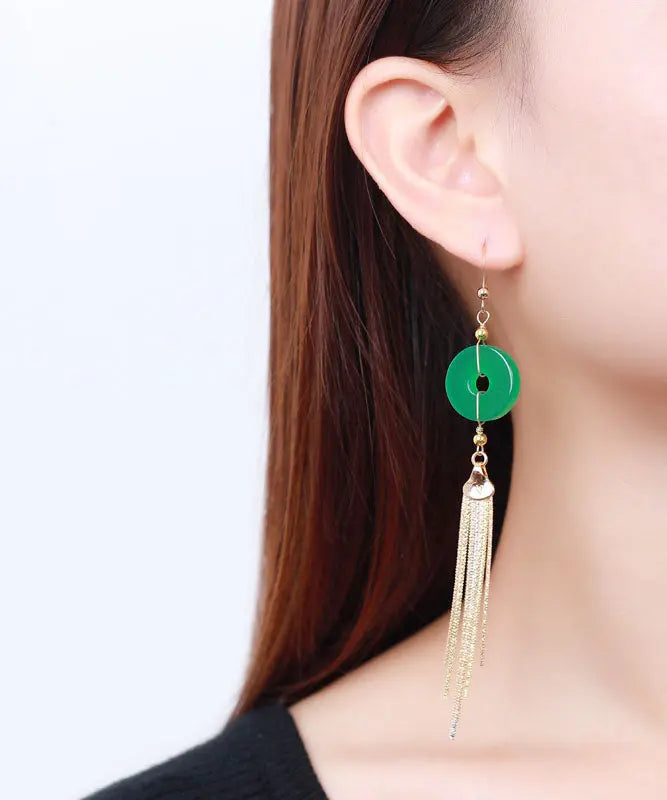 Casual Green 14K Gold Ping Buckle Chalcedony Tassel Drop Earrings Ada Fashion