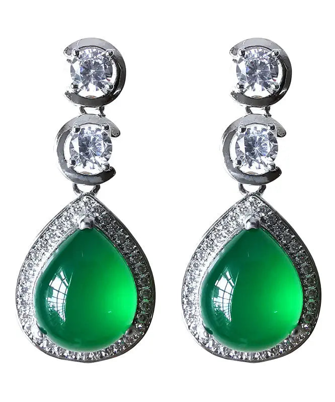 Casual Green Sterling Silver Inlaid Zircon Chalcedony Water Drop Drop Earrings Ada Fashion