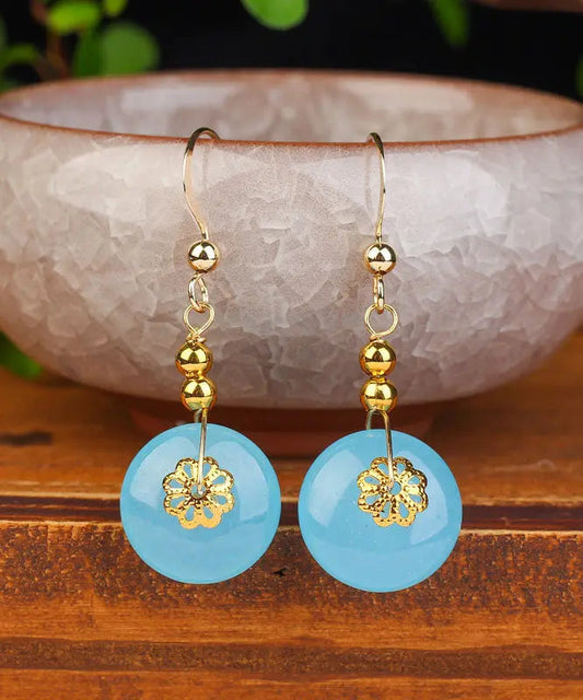 Chic Sea Blue Sterling Silver 14K Gold Chalcedony Drop Earrings Ada Fashion