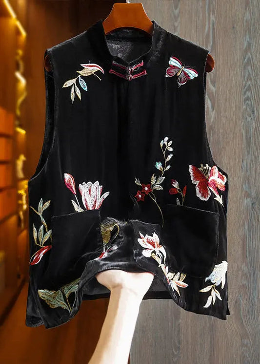 Chinese Style Black Embroidered Pockets Silk Velour Waistcoat Fall Ada Fashion