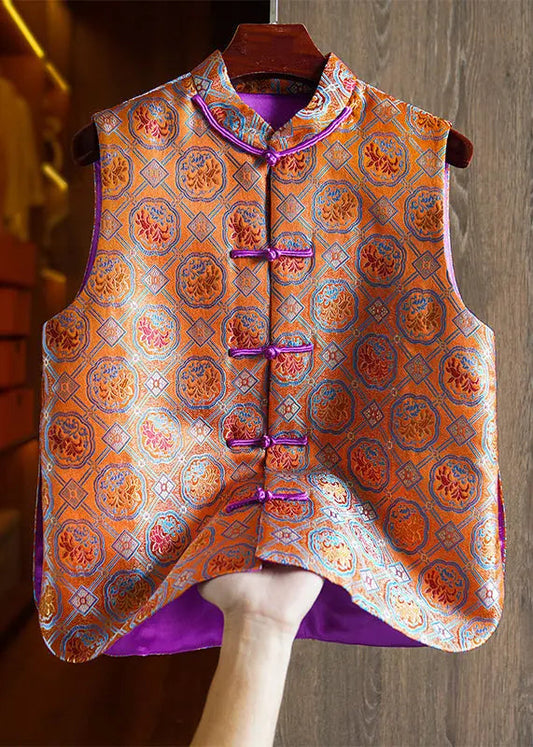 Chinese Style Orange Embroidered Button Patchwork Silk Waistcoat Fall Ada Fashion