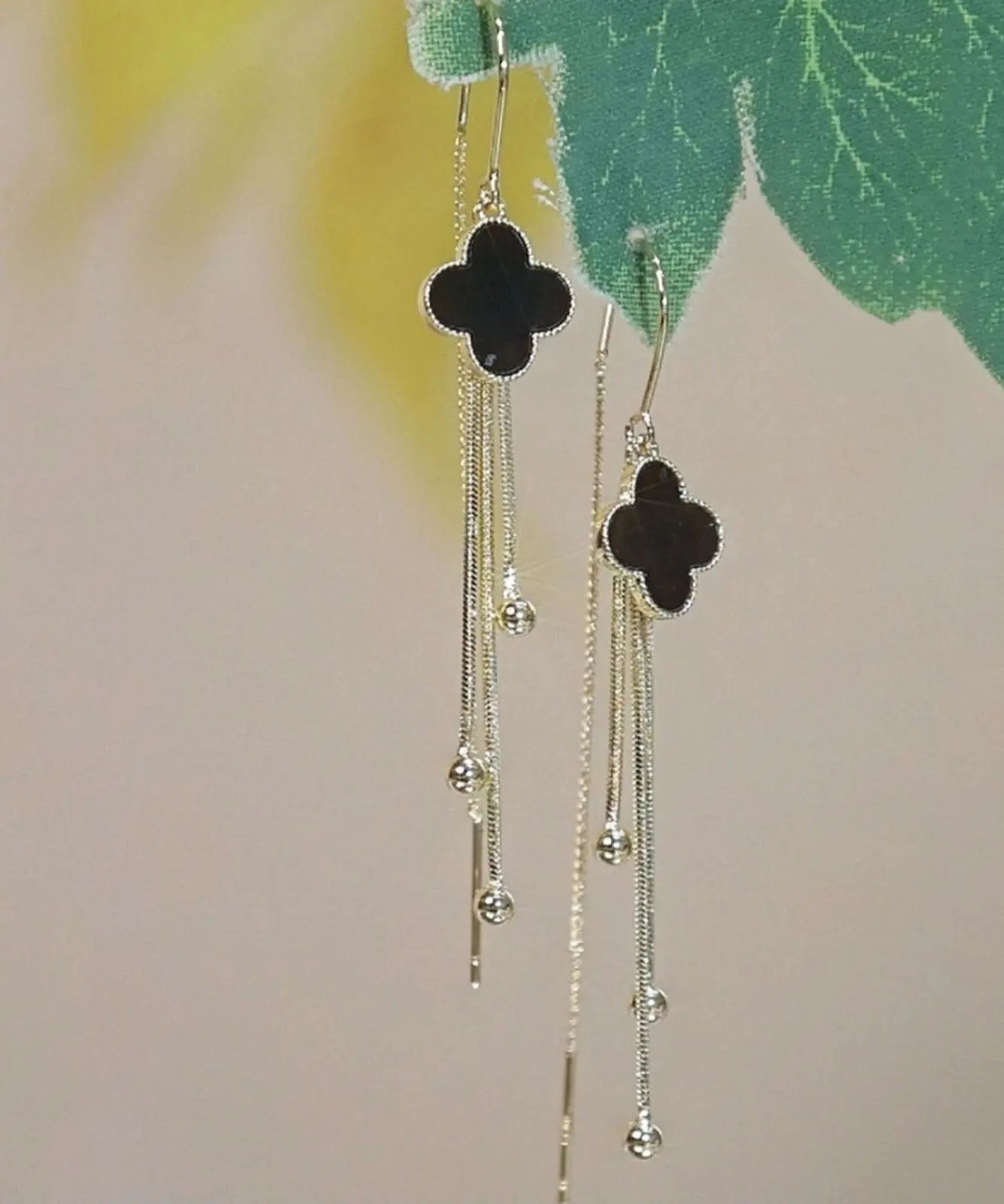 Classy Black Sterling Silver Black Agate Four Leaf Grass Tassel Drop Earrings Ada Fashion