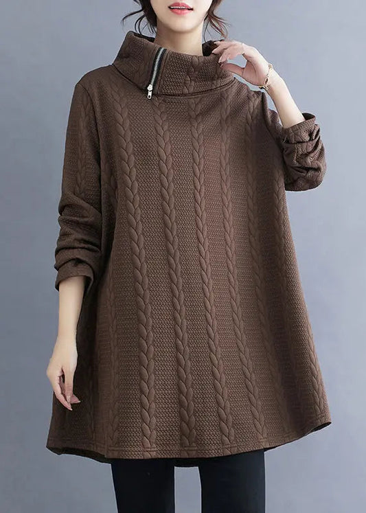 Coffee Asymmetrical Zip Up Cotton Top Turtleneck Winter Ada Fashion