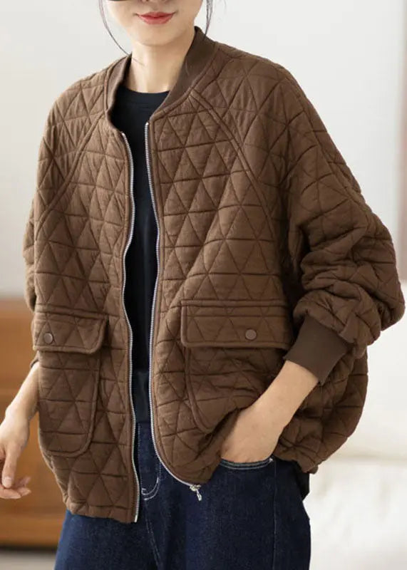 Coffee Zippered Cozy Warm Jacket Long Sleeve Ada Fashion