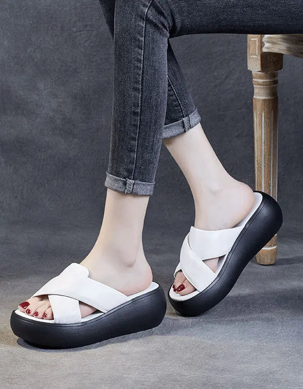 Comfortable Leather Cross Strap Wedge Slippers Ada Fashion