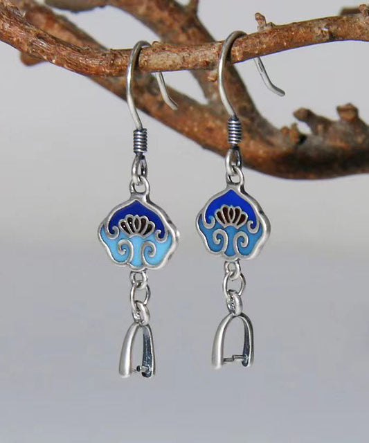DIY Vintage Blue Floral Patchwork Silver Drop Earrings Ada Fashion