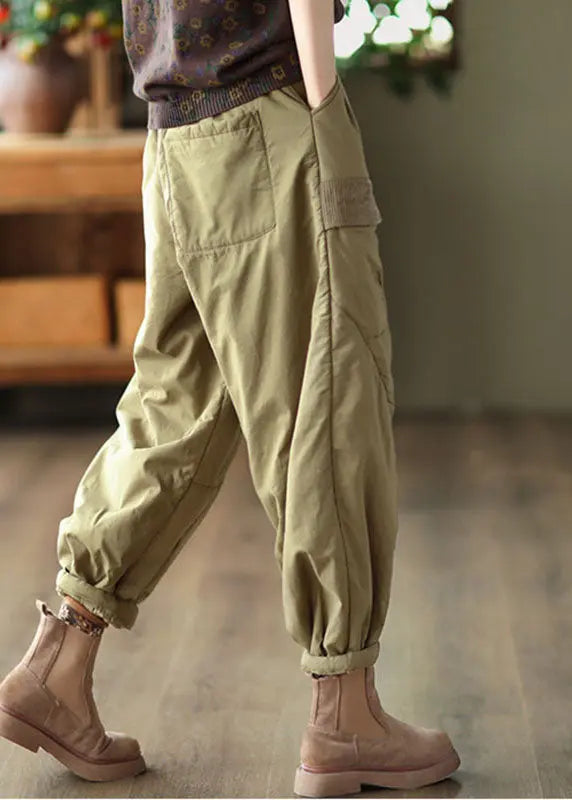 Elegant Light Green Pockets Patchwork Fleece Harem Pants Ada Fashion