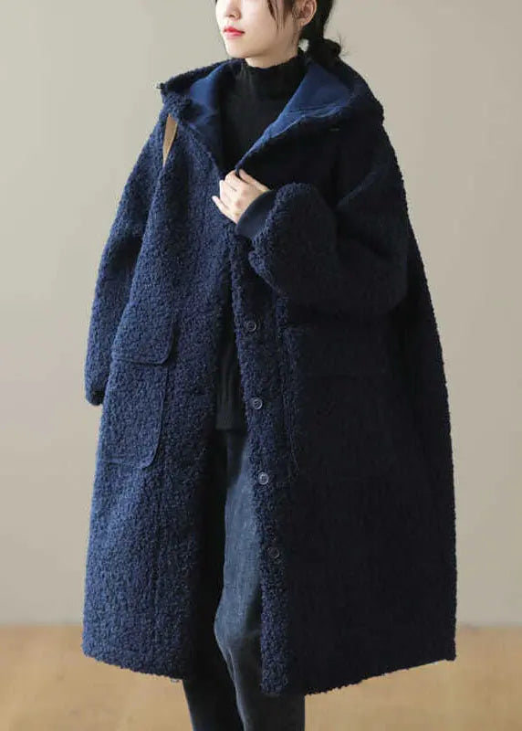 Fashion Coffee Button Pockets Warm Faux Fur Hooded Coat Long Sleeve Ada Fashion