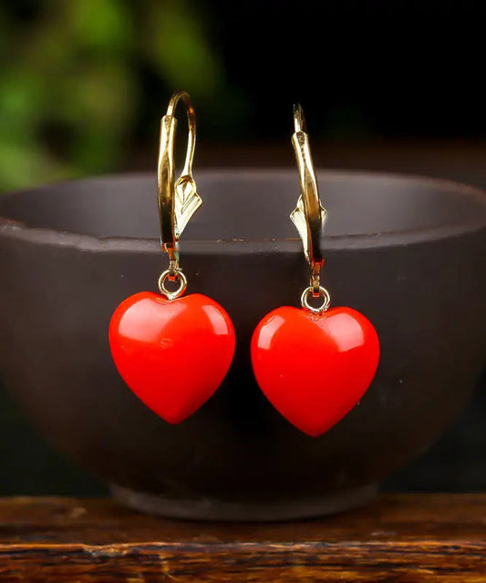 Fine Red 14K Gold Love Cinnabar Drop Earrings Ada Fashion