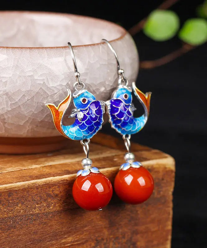 Fine Red Sterling Silver Agate Cloisonne Goldfish Drop Earrings Ada Fashion