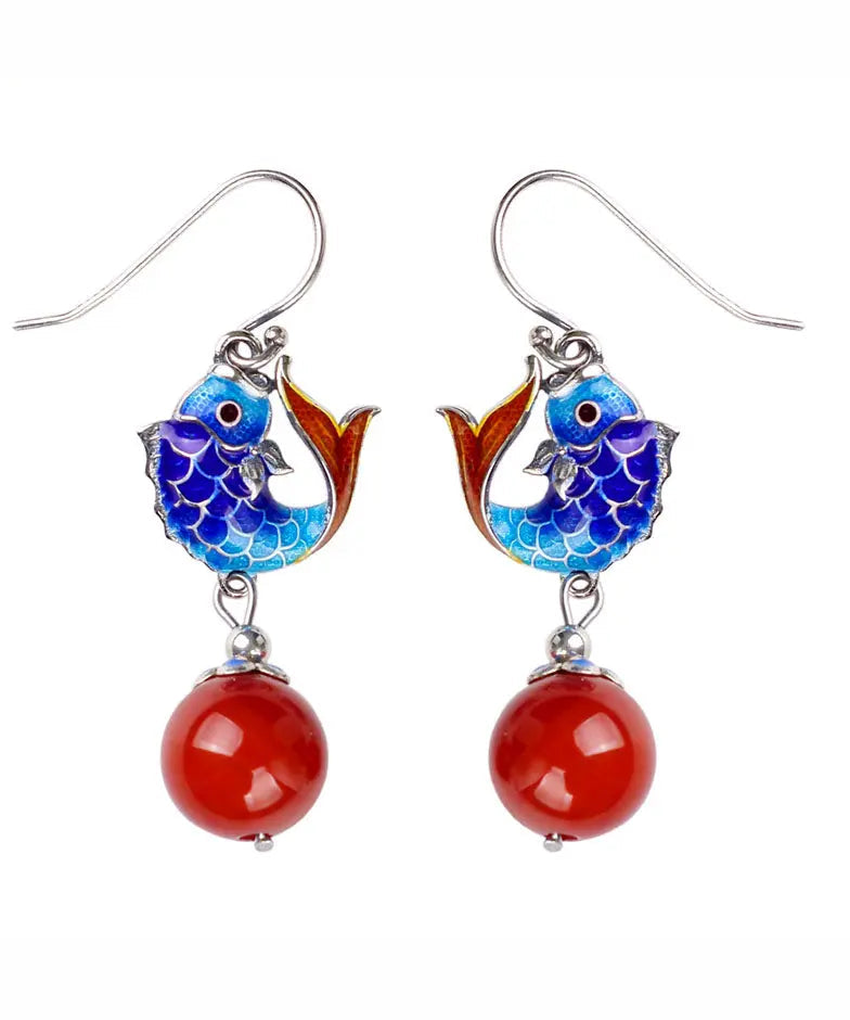 Fine Red Sterling Silver Agate Cloisonne Goldfish Drop Earrings Ada Fashion