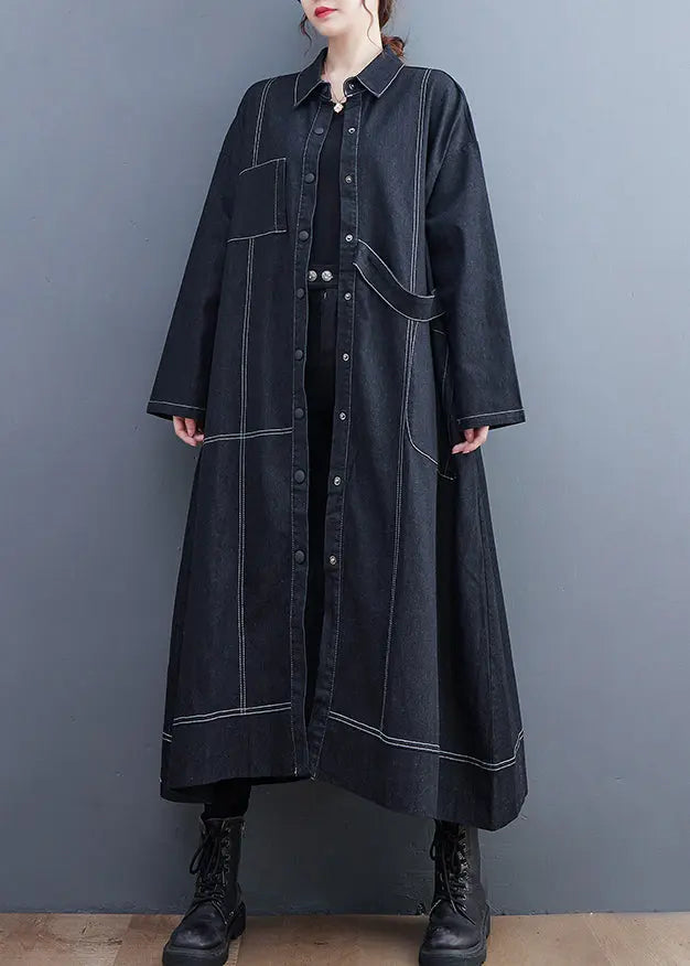 French Black Button Pockets Denim Long Trench Coat Fall Ada Fashion