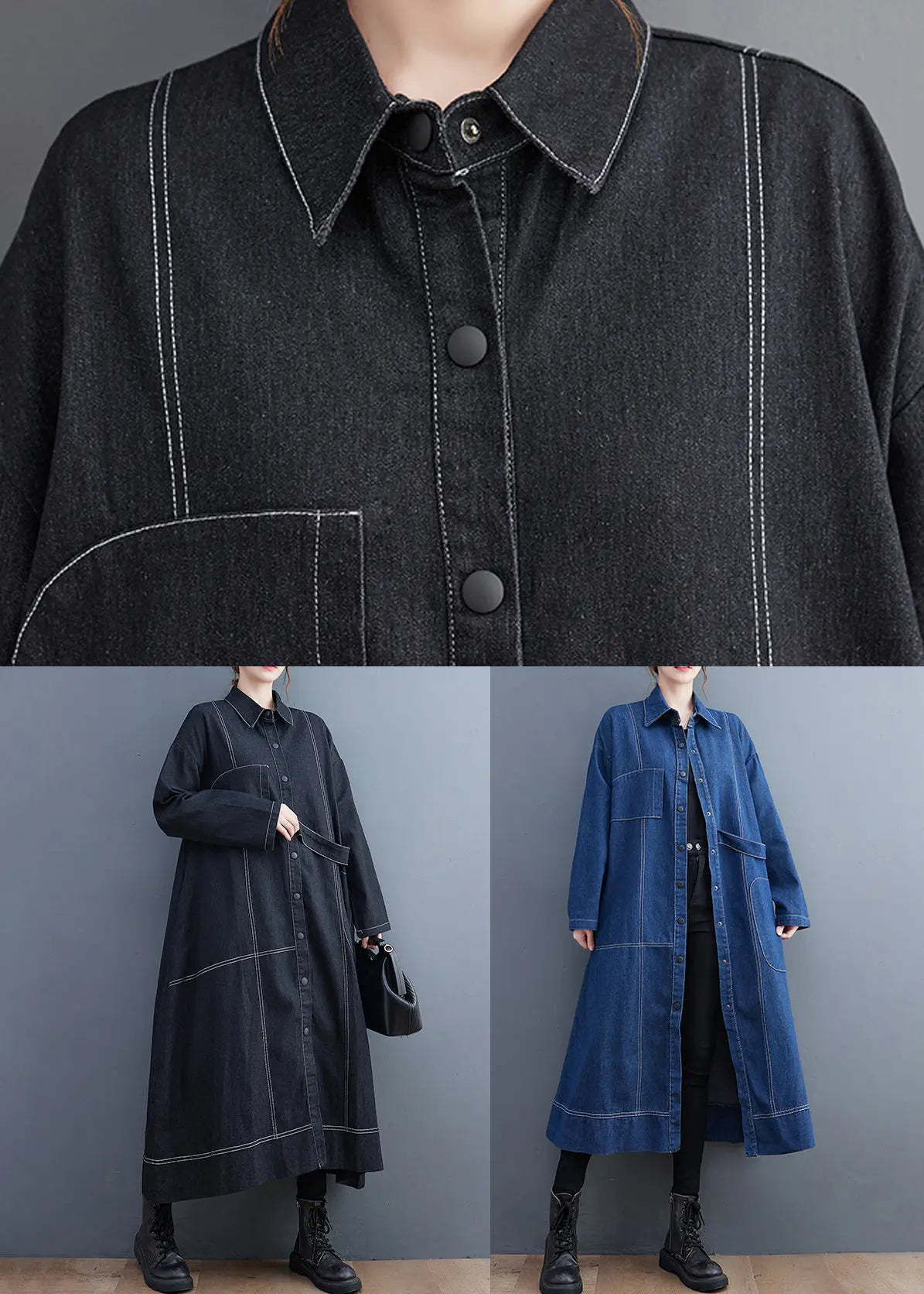 French Black Button Pockets Denim Long Trench Coat Fall Ada Fashion