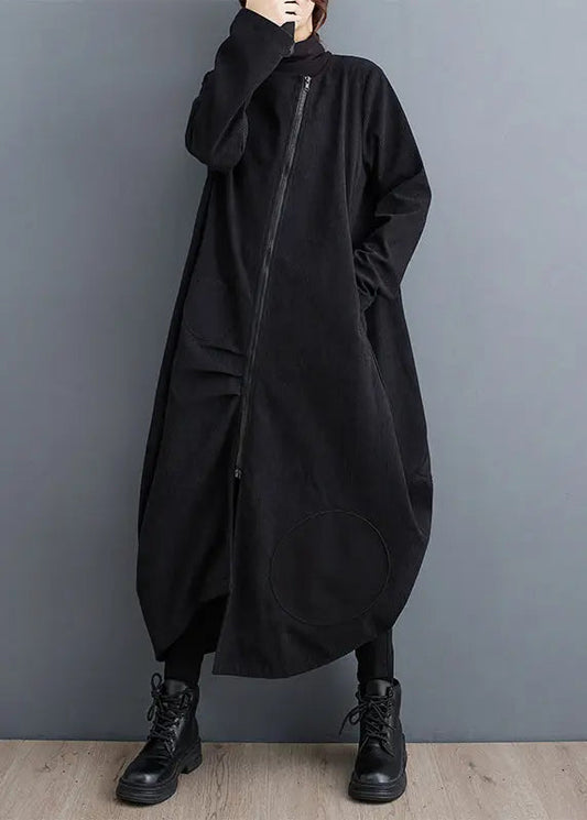 French Black Zip Up Pockets Patchwork Cotton Long Coats Fall Ada Fashion