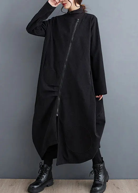 French Black Zip Up Pockets Patchwork Cotton Long Coats Fall Ada Fashion
